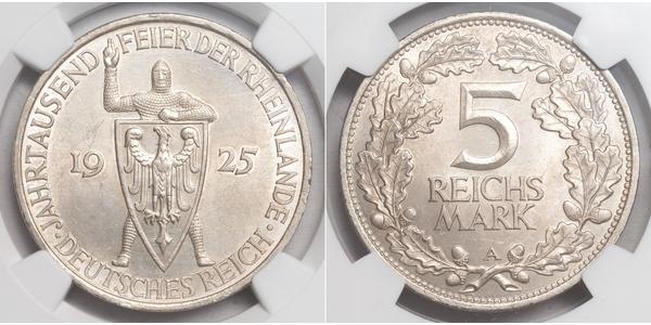 5 Reichsmark / 5 Марка Веймарская республика (1918-1933) Серебро 