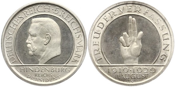 5 Reichsmark / 5 Марка Веймарская республика (1918-1933) Серебро Гинденбург, Пауль фон