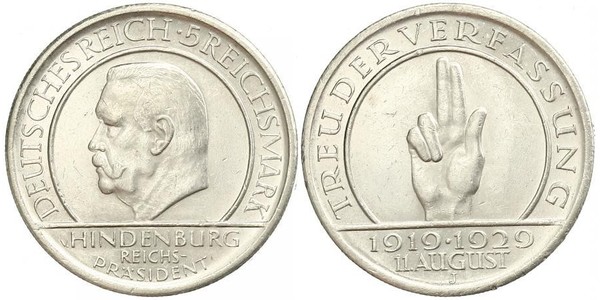 5 Reichsmark / 5 Марка Веймарська республіка (1918-1933) Срібло Пауль фон Гінденбург