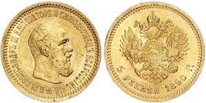 5 Ruble 俄罗斯帝国 (1721 - 1917) 金 亚历山大三世 (俄国) (1845 -1894)