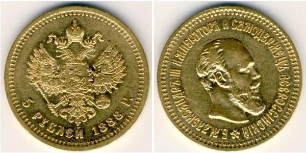 5 Ruble 俄罗斯帝国 (1721 - 1917) 金 亚历山大三世 (俄国) (1845 -1894)