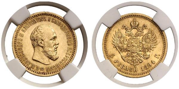 5 Ruble 俄罗斯帝国 (1721 - 1917) 金 亚历山大三世 (俄国) (1845 -1894)