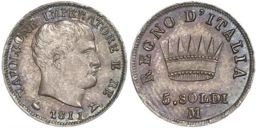 5 Soldo Reino de Italia (1805–1814) Plata Napoleón Bonaparte(1769 - 1821)