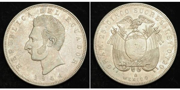 5 Sucre Ecuador Argento Antonio José de Sucre (1795 - 1830)