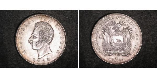 5 Sucre Ecuador Plata Antonio José de Sucre (1795 - 1830)