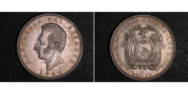 5 Sucre Ecuador Silver Antonio José de Sucre (1795 - 1830)