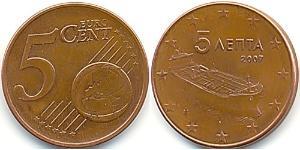 5 Євроцент Грецька Республіка (1974 - ) Мідь/Залізо 