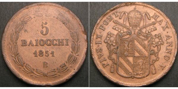 5 Байокко Папская область (752-1870) Медь 