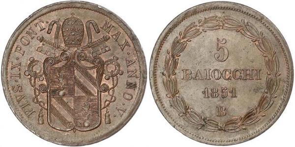 5 Байокко Папская область (752-1870) Медь 