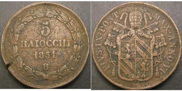 5 Байокко Папская область (752-1870) Медь 