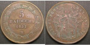 5 Байокко Папська держава (752-1870) Мідь 