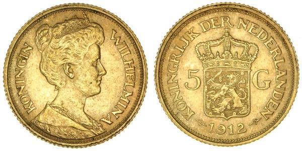5 Гульден Королівство Нідерланди (1815 - ) Золото Вільгельміна (королева Нідерландів)(1880 - 1962)