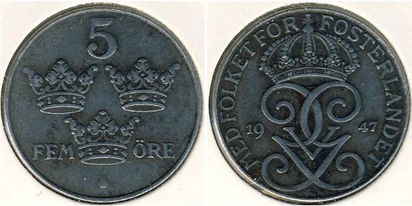 5 Ере Швеція Бронза/Залізо Густав V (1858 - 1950)