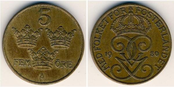 5 Ере Швеція Бронза/Залізо Густав V (1858 - 1950)