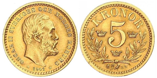 5 Крона Швеция Золото Оскар II (1829-1907)