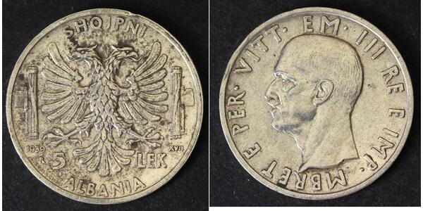 5 Лек Королевство Албании (1939-1943) Серебро Виктор Эммануил III (1869 - 1947)