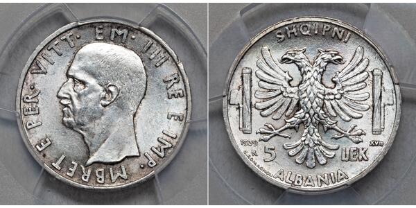 5 Лек Королевство Албании (1939-1943) Серебро Виктор Эммануил III (1869 - 1947)