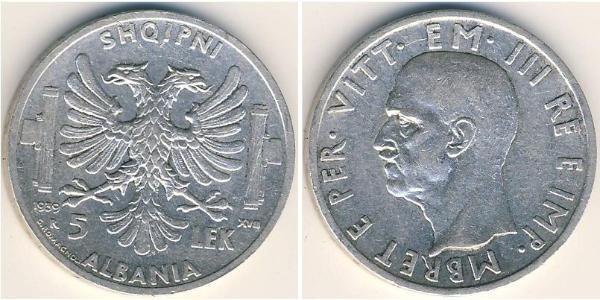 5 Лек Королевство Албании (1939-1943) Серебро Виктор Эммануил III (1869 - 1947)