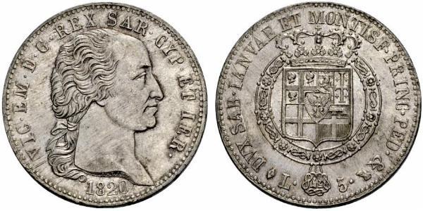 5 Лира Сардинское королевство (1324 - 1861) Серебро Виктор Эммануил I
