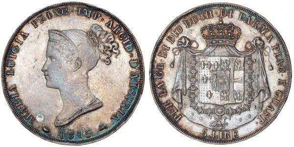 5 Ліра https://en.wikipedia.org/wiki/Duchy_of_Parma (1545 - 1859) / Італія Срібло Марія-Луїза Австрійська