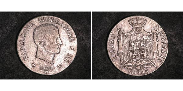 5 Ліра Королівство Італія (Наполеонівське) (1805–1814) Срібло Наполеон I Бонапарт(1769 - 1821)