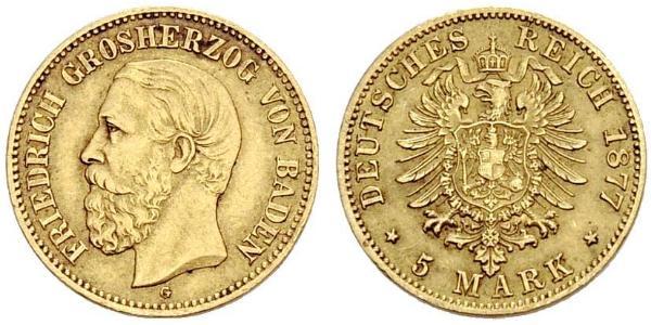 5 Марка Велике герцогство Баден (1806-1918) Золото Frederick I, Grand Duke of Baden (1826 - 1907)