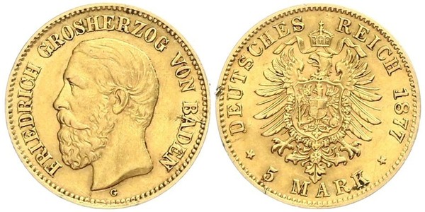 5 Марка Великое герцогство Баден (1806-1918) Золото Фридрих I (великий герцог Баденский) (1826 - 1907)