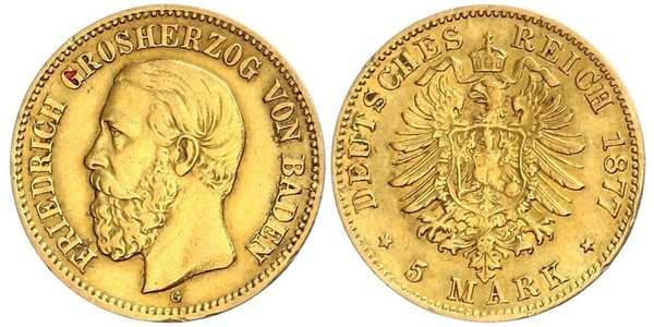 5 Марка Великое герцогство Баден (1806-1918) Золото Фридрих I (великий герцог Баденский) (1826 - 1907)