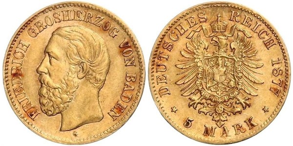 5 Марка Великое герцогство Баден (1806-1918) Золото Фридрих I (великий герцог Баденский) (1826 - 1907)