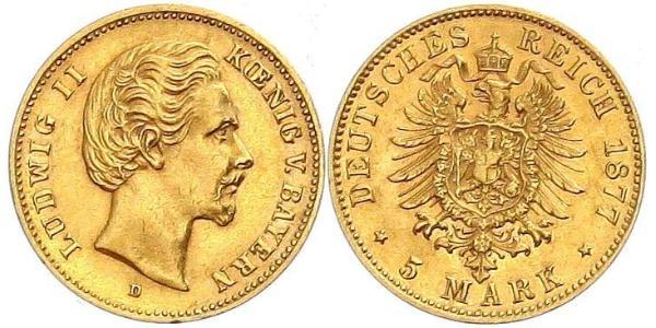 5 Марка Королевство Бавария (1806 - 1918) Золото Людвиг II (король Баварии)(1845 – 1886)