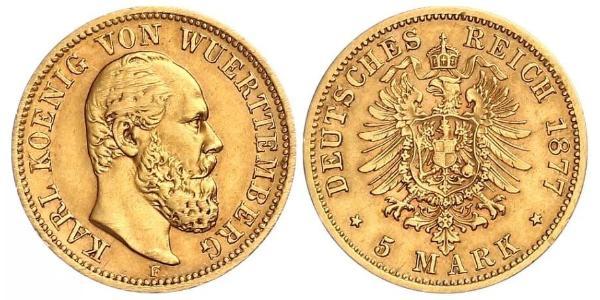 5 Марка Королевство Вюртемберг (1806-1918) Золото Карл I (король Вюртемберга)