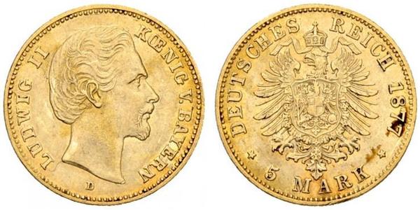 5 Марка Королівство Баварія (1806 - 1918) Золото Людвіг II (король Баварії)(1845 – 1886)