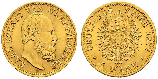 5 Марка Королівство Вюртемберг Золото Charles I of Württemberg