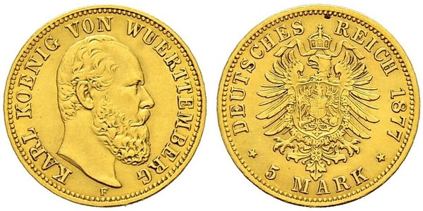 5 Марка Королівство Вюртемберг Золото Charles I of Württemberg