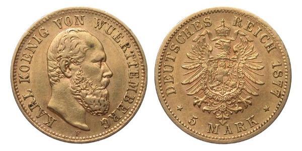 5 Марка Королівство Вюртемберг Золото Charles I of Württemberg