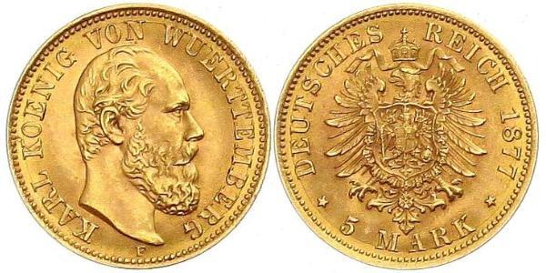5 Марка Королівство Вюртемберг Золото Charles I of Württemberg