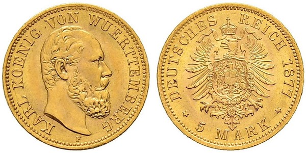 5 Марка Королівство Вюртемберг Золото Charles I of Württemberg