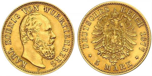 5 Марка Королівство Вюртемберг Золото Charles I of Württemberg