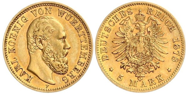 5 Марка Королівство Вюртемберг Золото Charles I of Württemberg