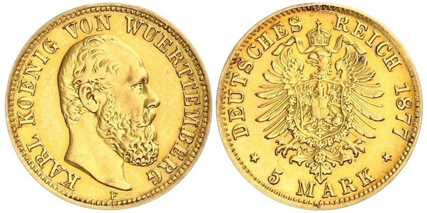 5 Марка Королівство Вюртемберг Золото Charles I of Württemberg