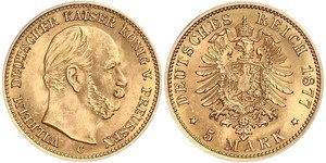 5 Марка Пруссия (королевство) (1701-1918) Золото Wilhelm I, German Emperor (1797-1888)
