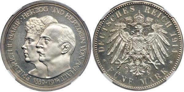 5 Марка Ангальт-Дессау (1603 -1863) Серебро Фридрих II, герцог Ангальта(1856 – 1918)