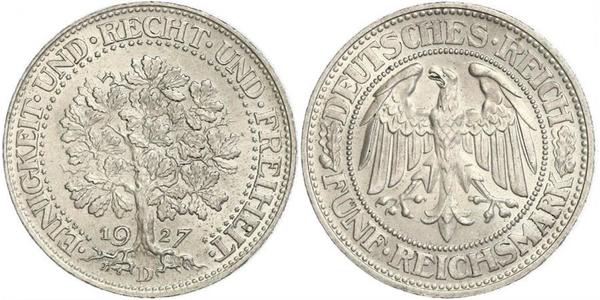5 Марка Веймарская республика (1918-1933) / Германия Серебро 