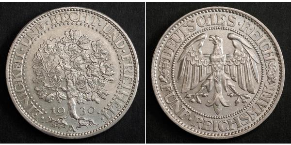 5 Марка Веймарская республика (1918-1933) / Германия Серебро 