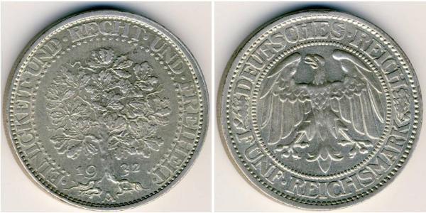 5 Марка Веймарская республика (1918-1933) / Германия Серебро 