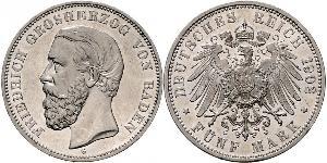 5 Марка Великое герцогство Баден (1806-1918) Серебро Фридрих I (великий герцог Баденский) (1826 - 1907)