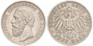 5 Марка Великое герцогство Баден (1806-1918) Серебро Фридрих I (великий герцог Баденский) (1826 - 1907)