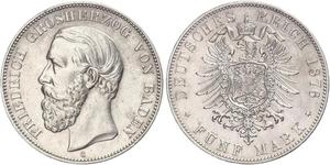 5 Марка Великое герцогство Баден (1806-1918) Серебро Фридрих I (великий герцог Баденский) (1826 - 1907)