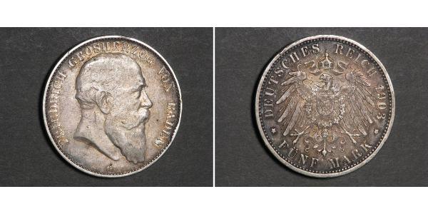 5 Марка Великое герцогство Баден (1806-1918) Серебро Фридрих I (великий герцог Баденский) (1826 - 1907)