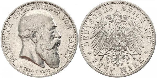 5 Марка Великое герцогство Баден (1806-1918) Серебро Фридрих I (великий герцог Баденский) (1826 - 1907)
